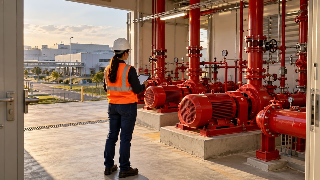 Engenheira avaliando bombas de incêndio em instalação ilustrativa no contexto industrial de Betim — imagem ilustrativa