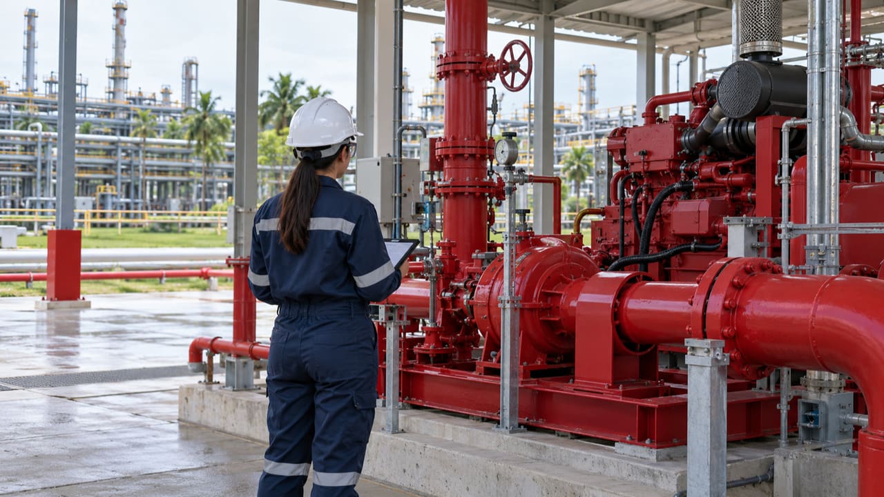 Engenheira avaliando bombas de incêndio em instalação industrial ilustrativa de Camaçari — imagem ilustrativa