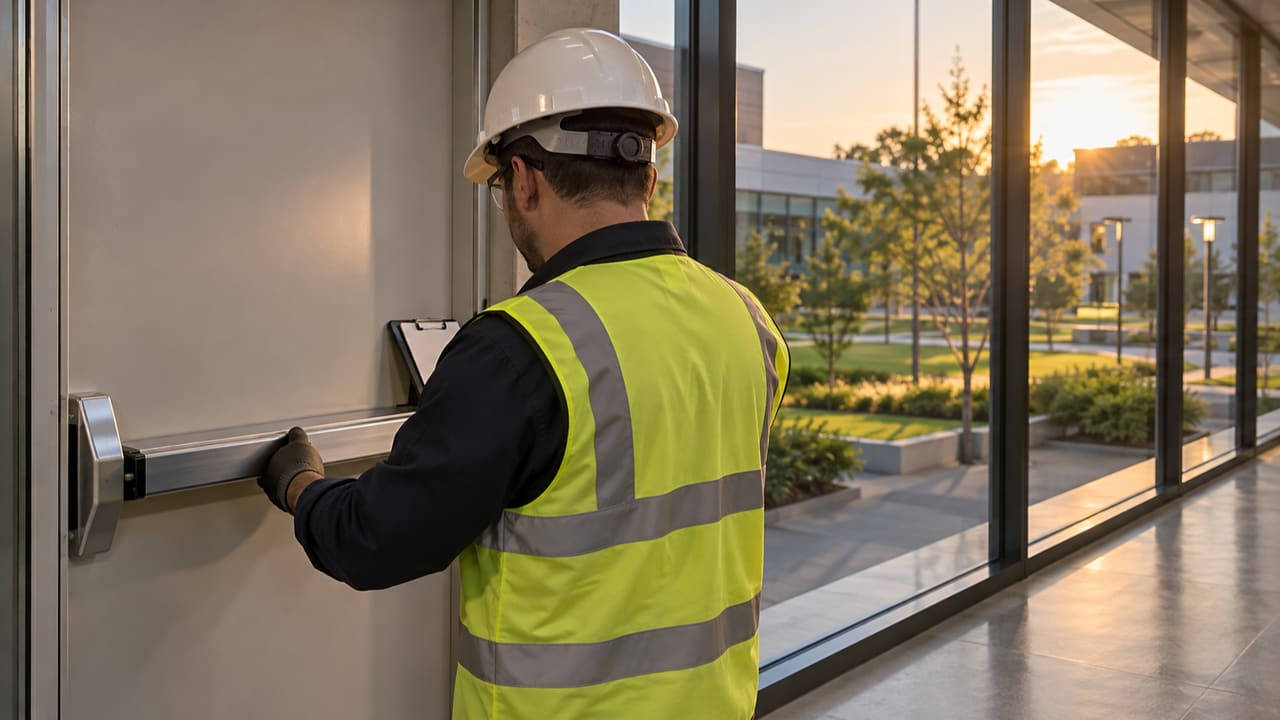Profissional avaliando barra de saída em edifício de trabalho ilustrativo de Campinas — imagem ilustrativa