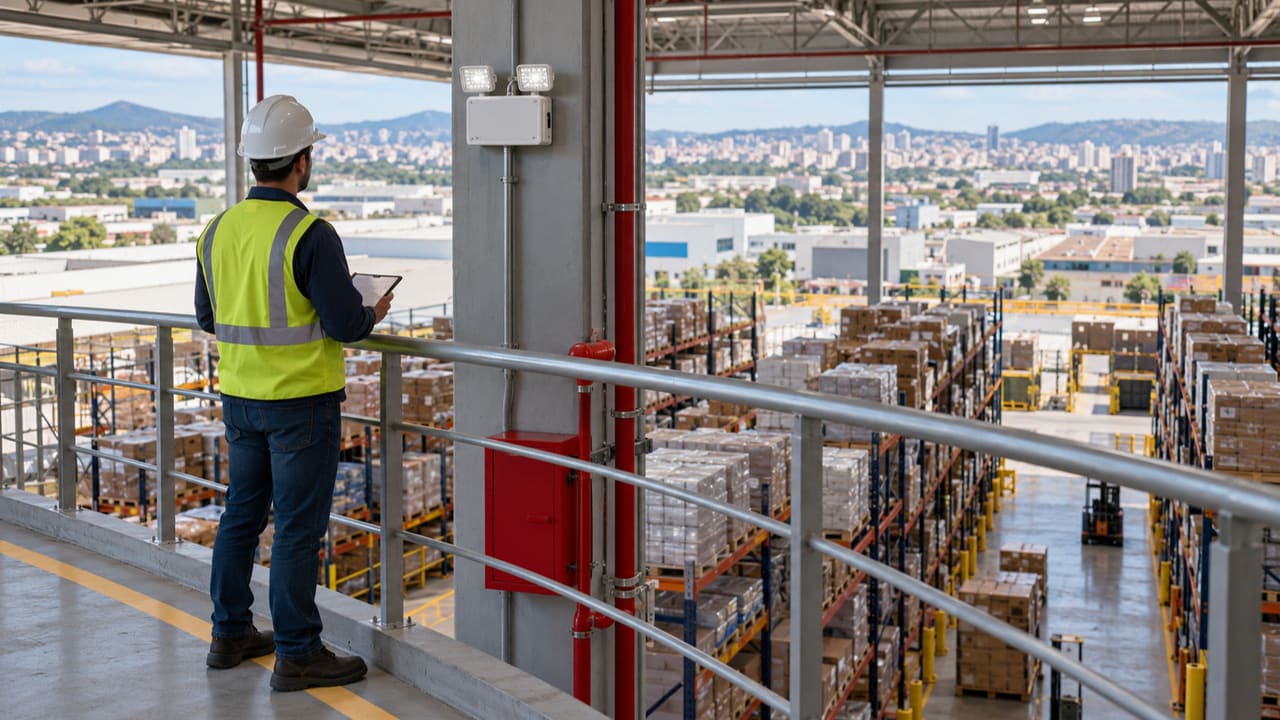 Profissional avaliando iluminação de emergência junto a estoque em galpão ilustrativo de Contagem — imagem ilustrativa