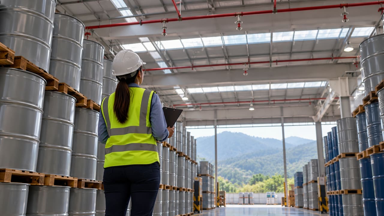 Engenheira avaliando proteção de armazém industrial ilustrativo de Duque de Caxias — imagem ilustrativa