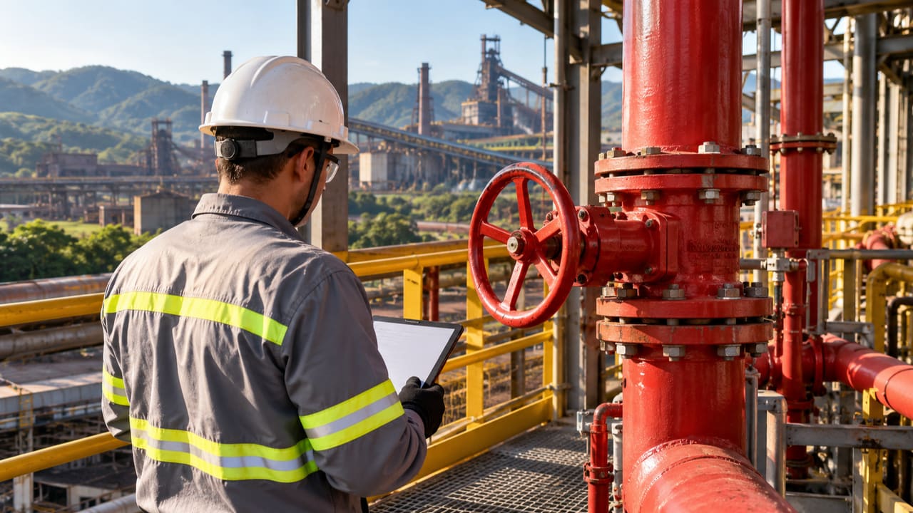 Profissional conferindo válvula de incêndio em instalação industrial ilustrativa de Ipatinga — imagem ilustrativa