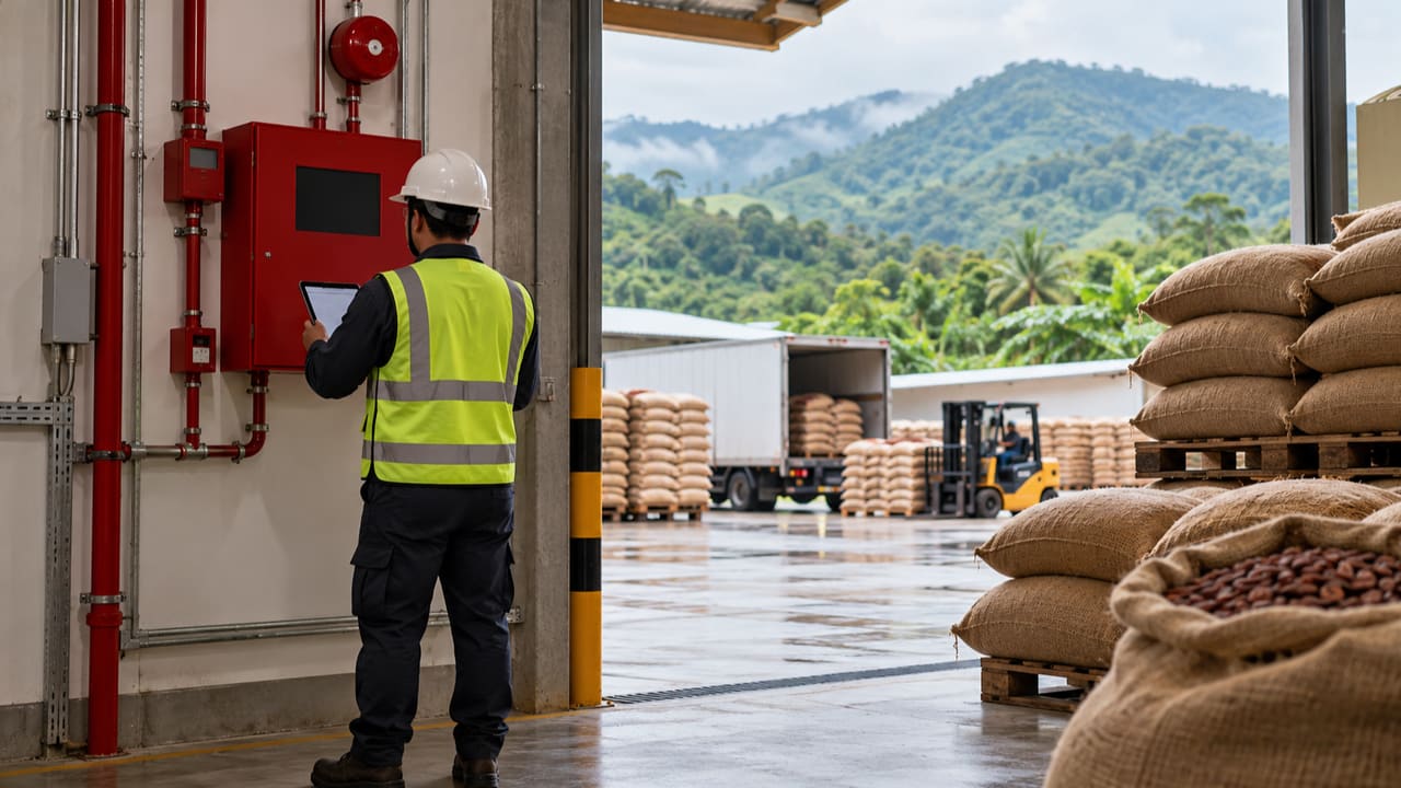 Profissional de costas avaliando proteção de armazém agrícola ilustrativo de Itabuna — imagem ilustrativa