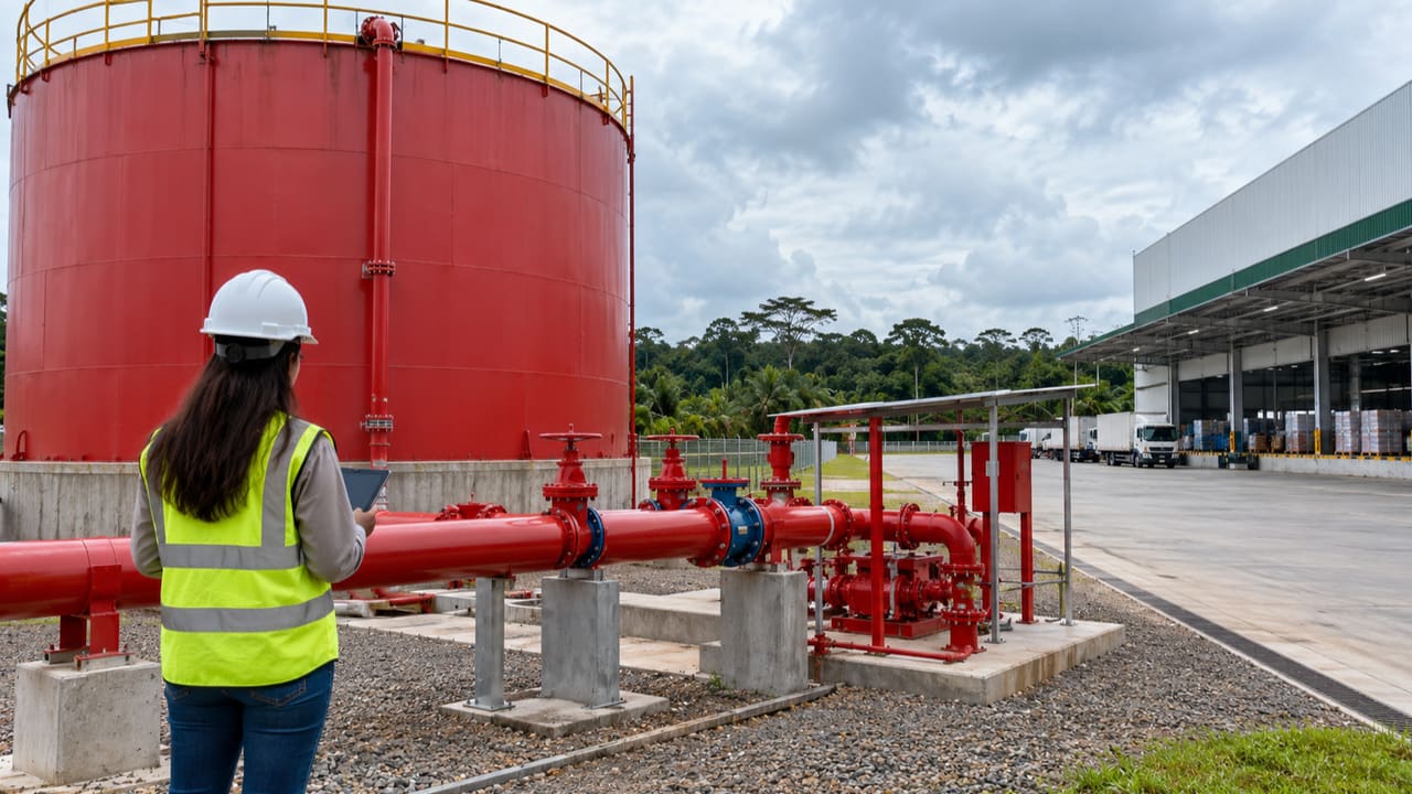 Engenheira avaliando reservação de incêndio em centro de distribuição ilustrativo de Ji-Paraná — imagem ilustrativa