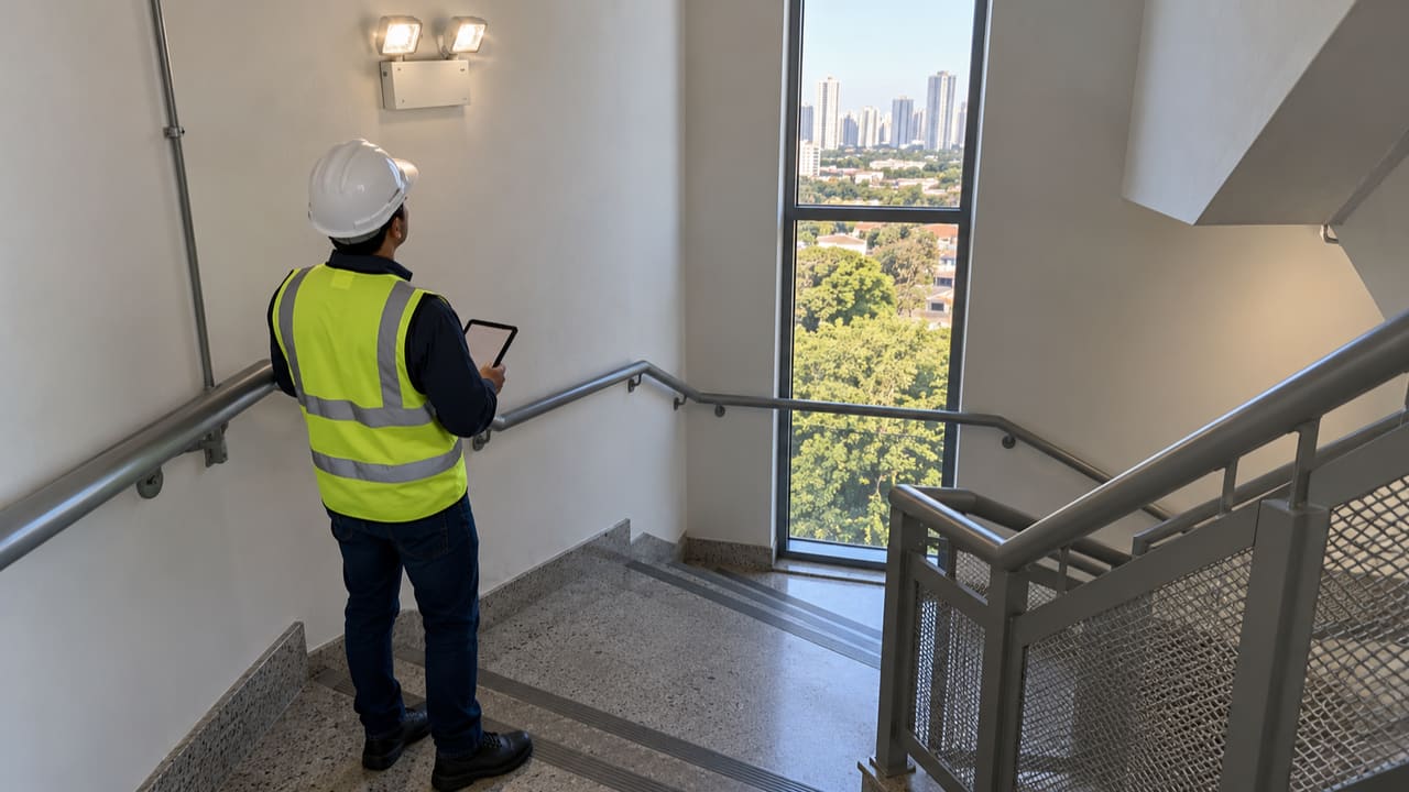 Profissional verificando iluminação de emergência em escada de edifício ilustrativo de Londrina — imagem ilustrativa