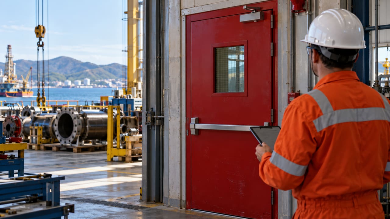 Profissional avaliando porta de saída em oficina industrial ilustrativa de Macaé — imagem ilustrativa