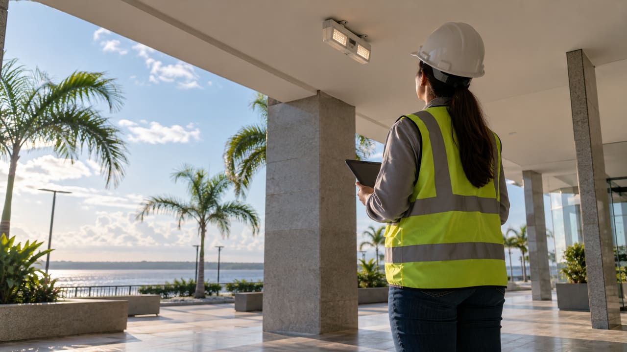 Engenheira avaliando iluminação de emergência em edifício ilustrativo junto à orla de Macapá — imagem ilustrativa