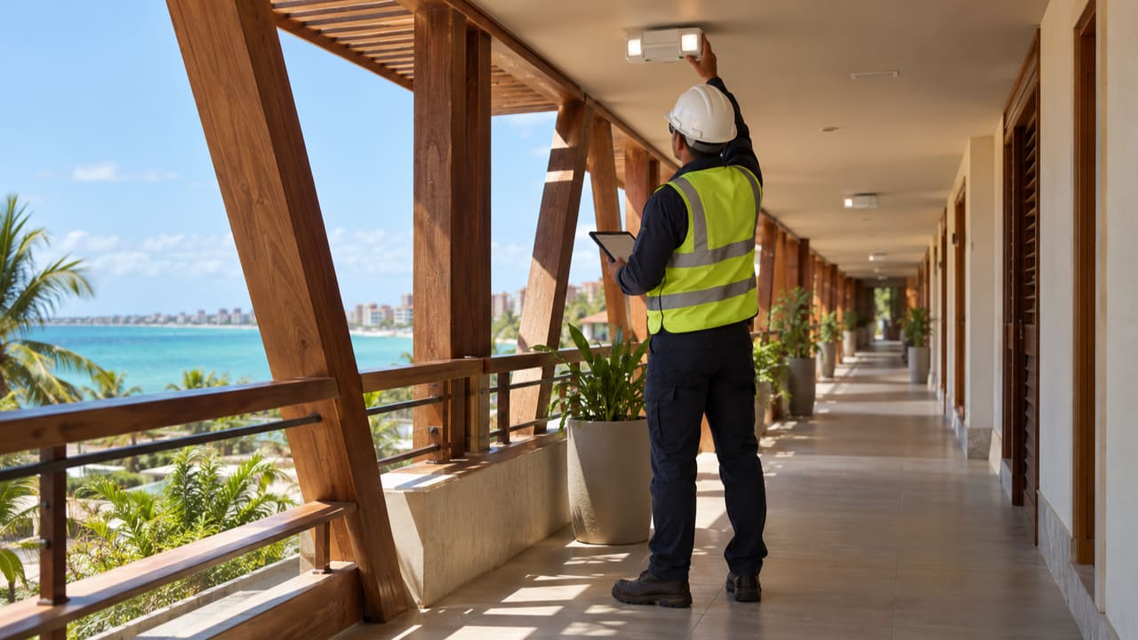 Engenheira verificando iluminação de emergência em hospedagem litorânea ilustrativa de Maceió — imagem ilustrativa