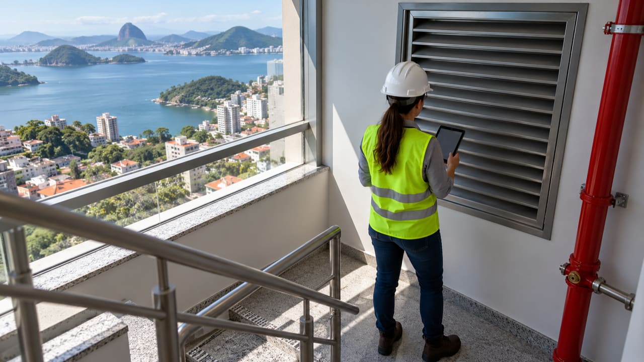 Engenheira de costas avaliando escada em edifício ilustrativo de Niterói — imagem ilustrativa