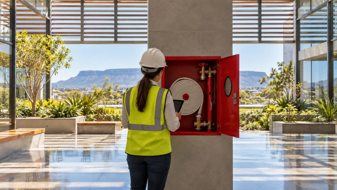 Engenheira avaliando abrigo de hidrante em edifício comercial ilustrativo de Palmas — imagem ilustrativa