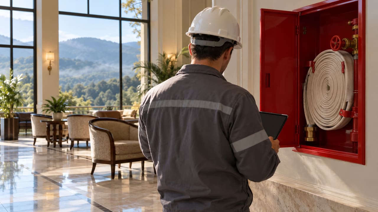 Profissional avaliando abrigo de hidrante em salão de hotel ilustrativo de Poços de Caldas — imagem ilustrativa