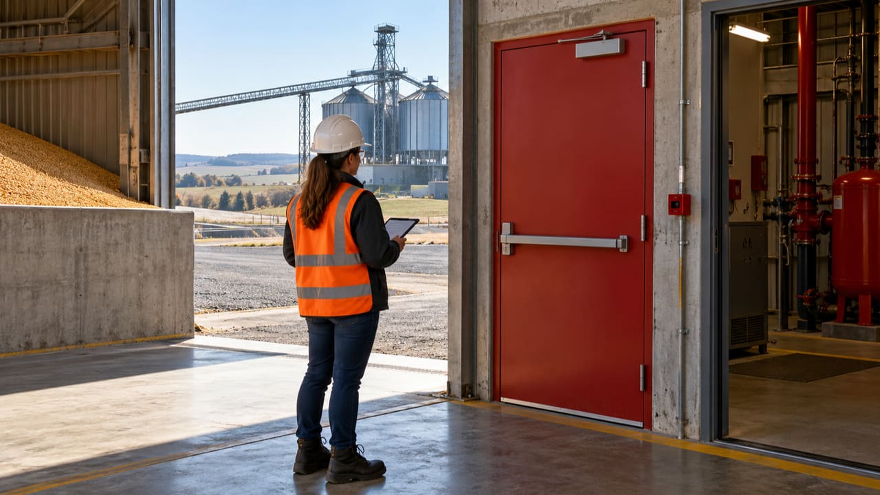 Engenheira avaliando porta de saída em instalação agrícola ilustrativa de Ponta Grossa — imagem ilustrativa