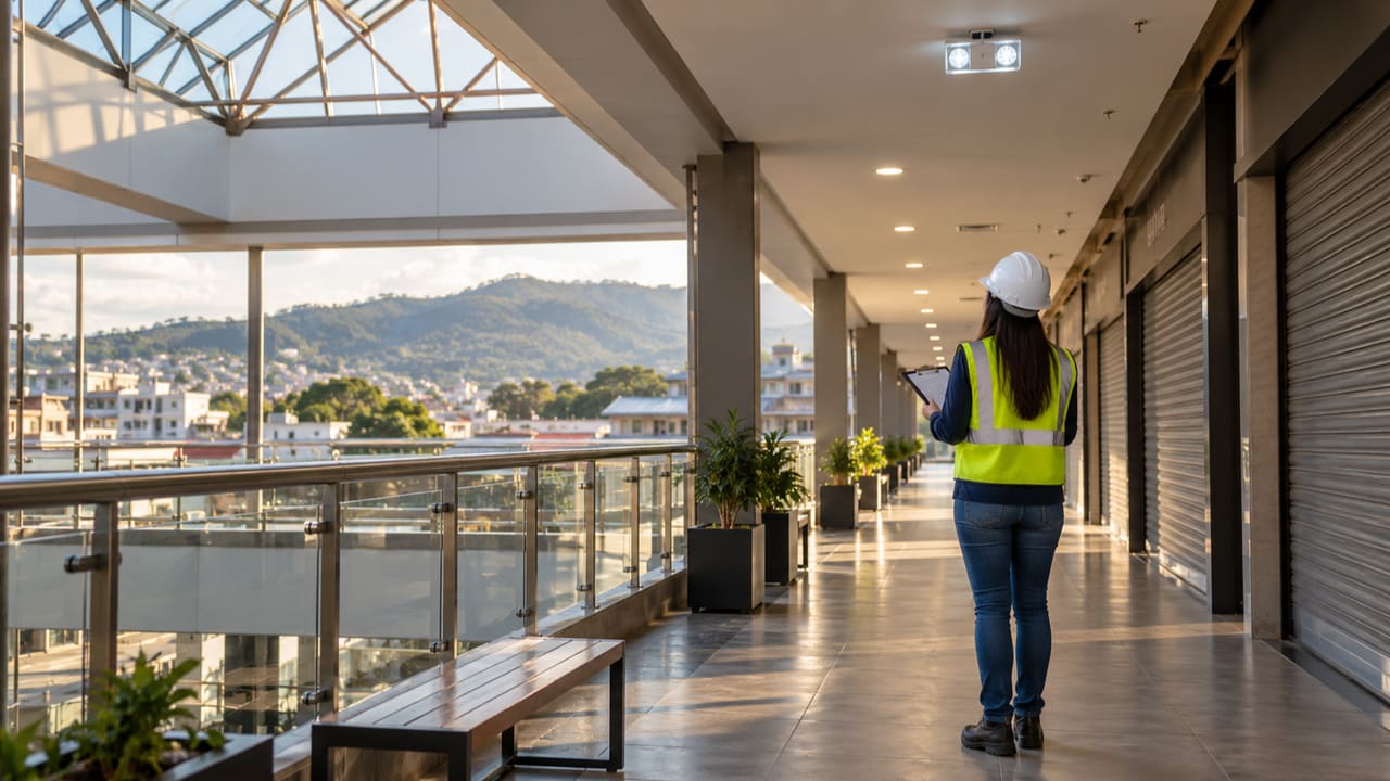 Engenheira de costas avaliando circulação em galeria comercial ilustrativa de São Gonçalo — imagem ilustrativa