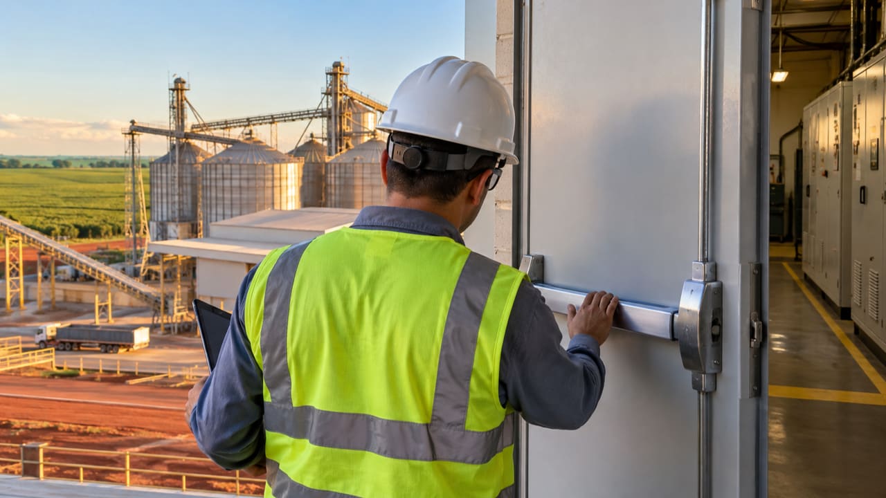 Engenheiro avaliando saída de sala técnica em instalação agrícola ilustrativa de Sorriso — imagem ilustrativa
