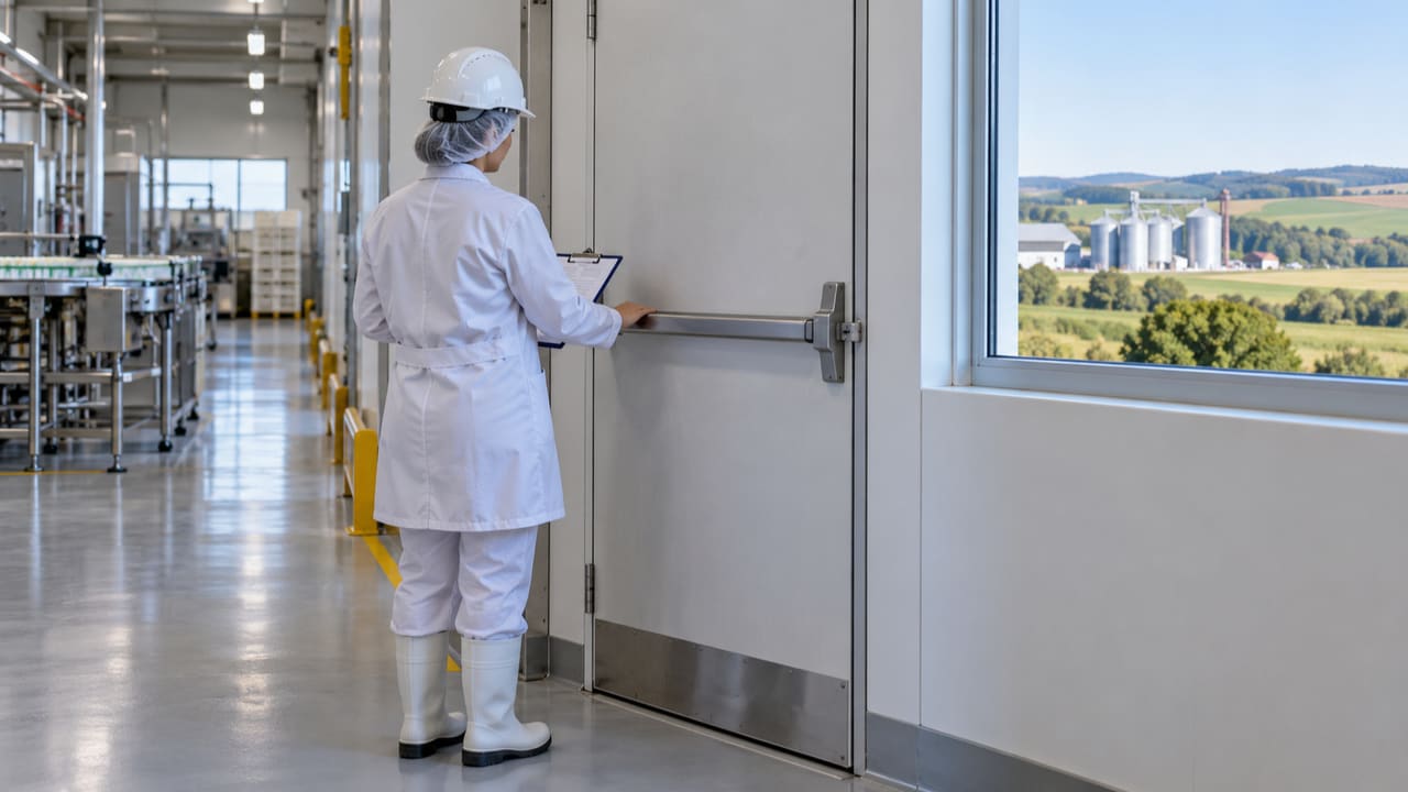 Profissional avaliando porta de saída em unidade de alimentos ilustrativa de Toledo — imagem ilustrativa