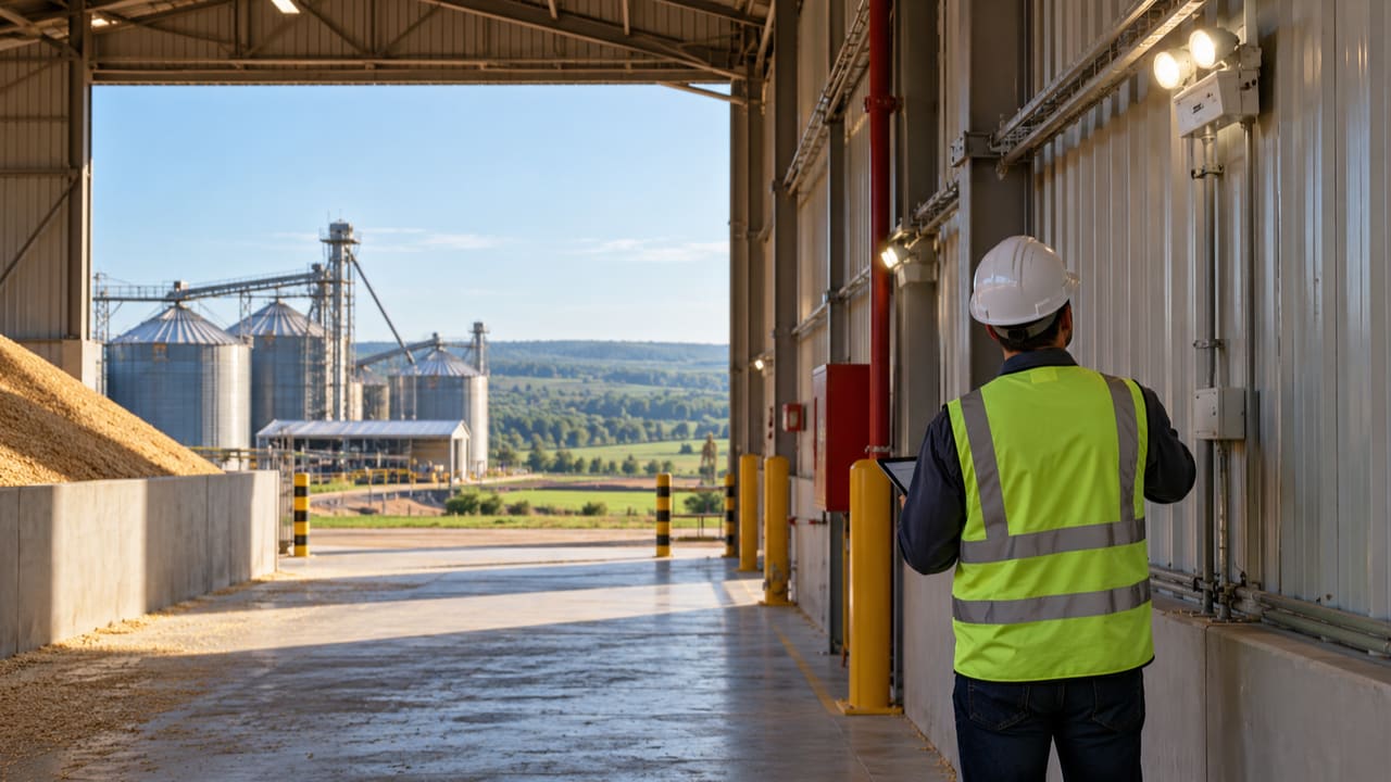Engenheiro avaliando circulação de armazém agrícola ilustrativo de Vilhena — imagem ilustrativa