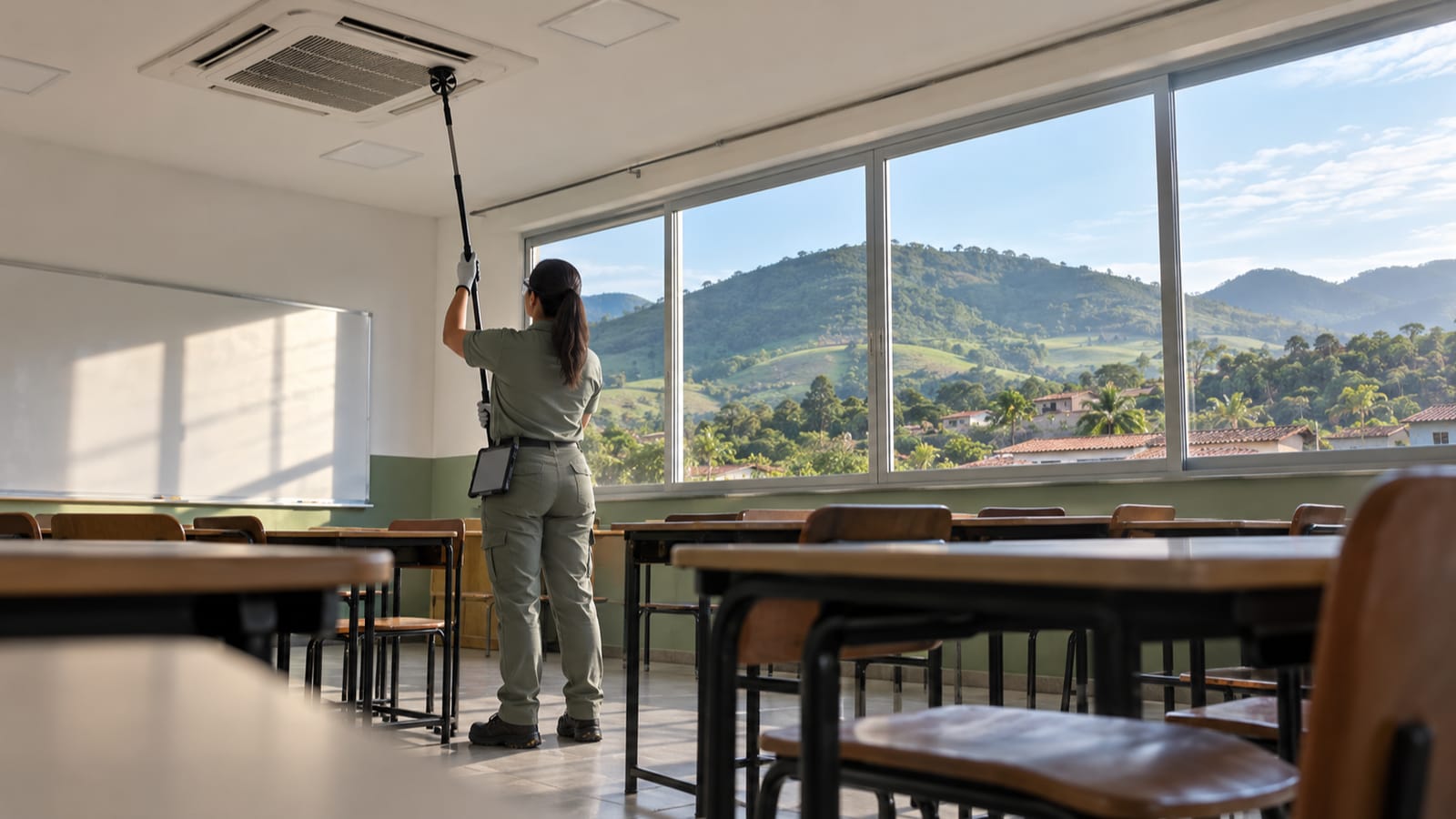 Profissional avalia o fluxo de ar de um cassete em sala de ensino representativa de Alegre