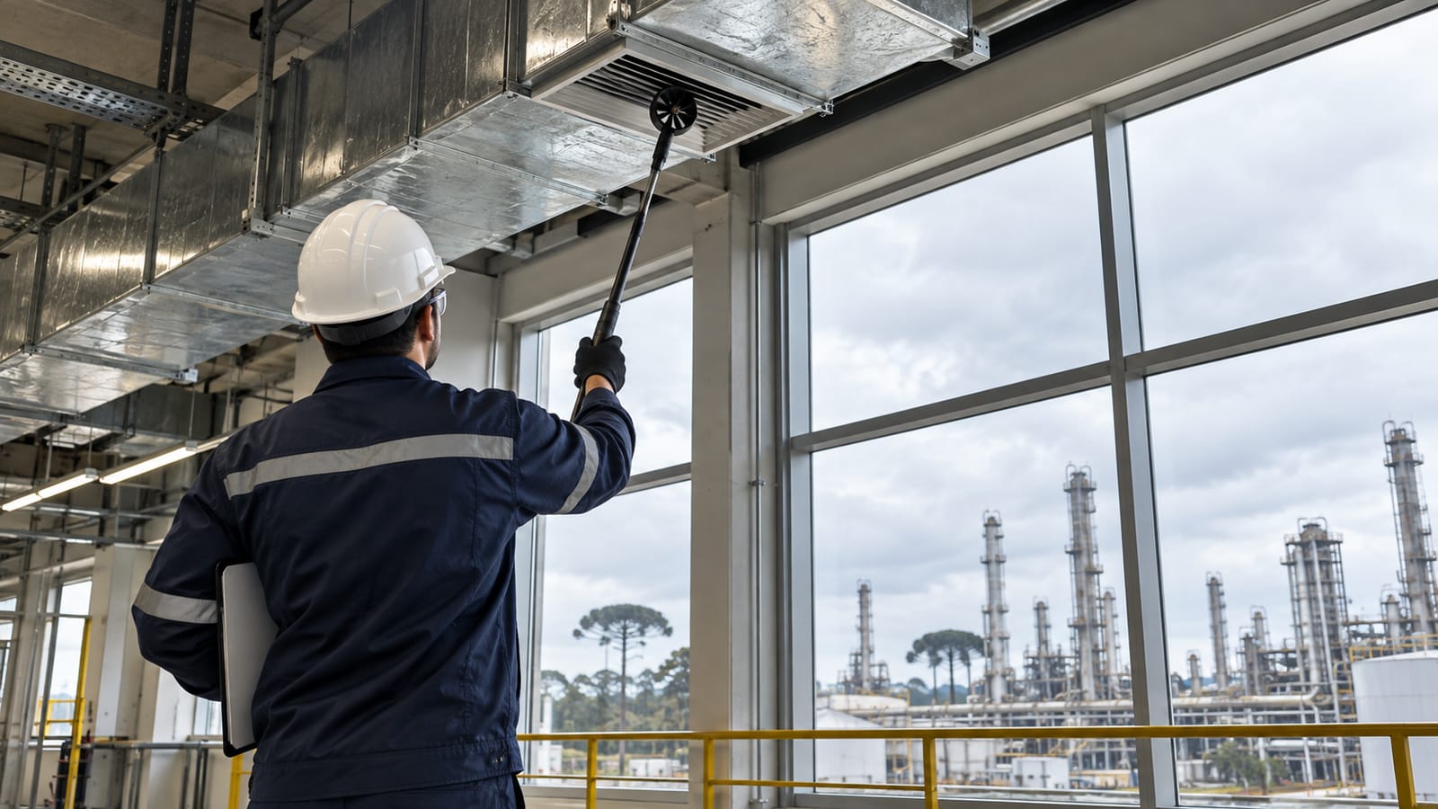 Engenheiro verifica difusor de ar em ambiente com vista do polo industrial de Araucária