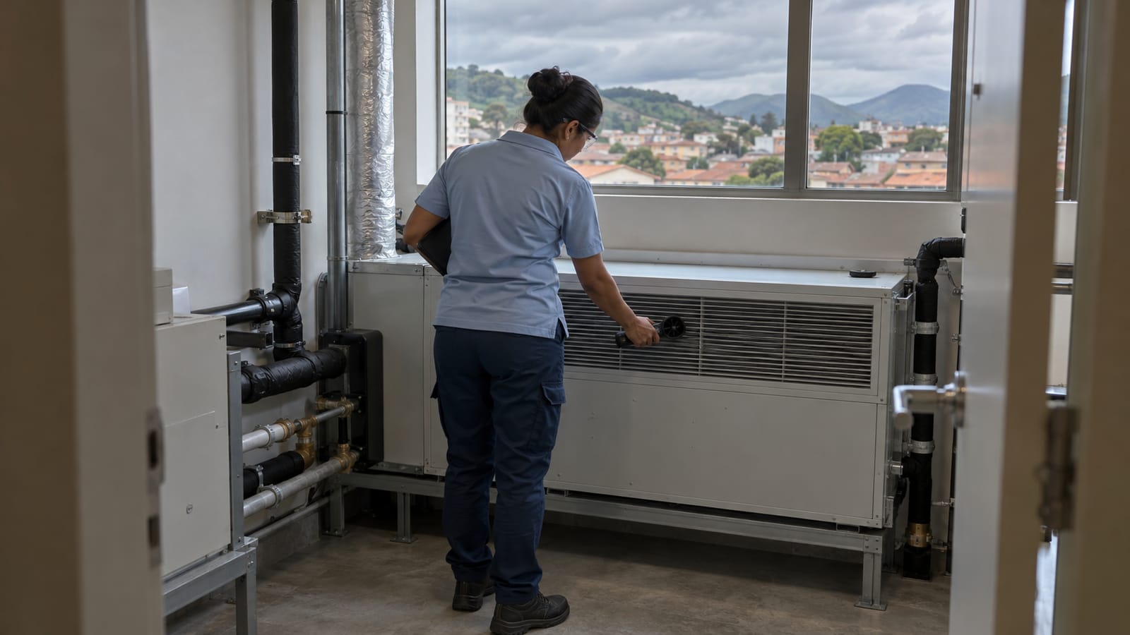 Engenheira verifica uma unidade de climatização em sala técnica com vista de Belford Roxo