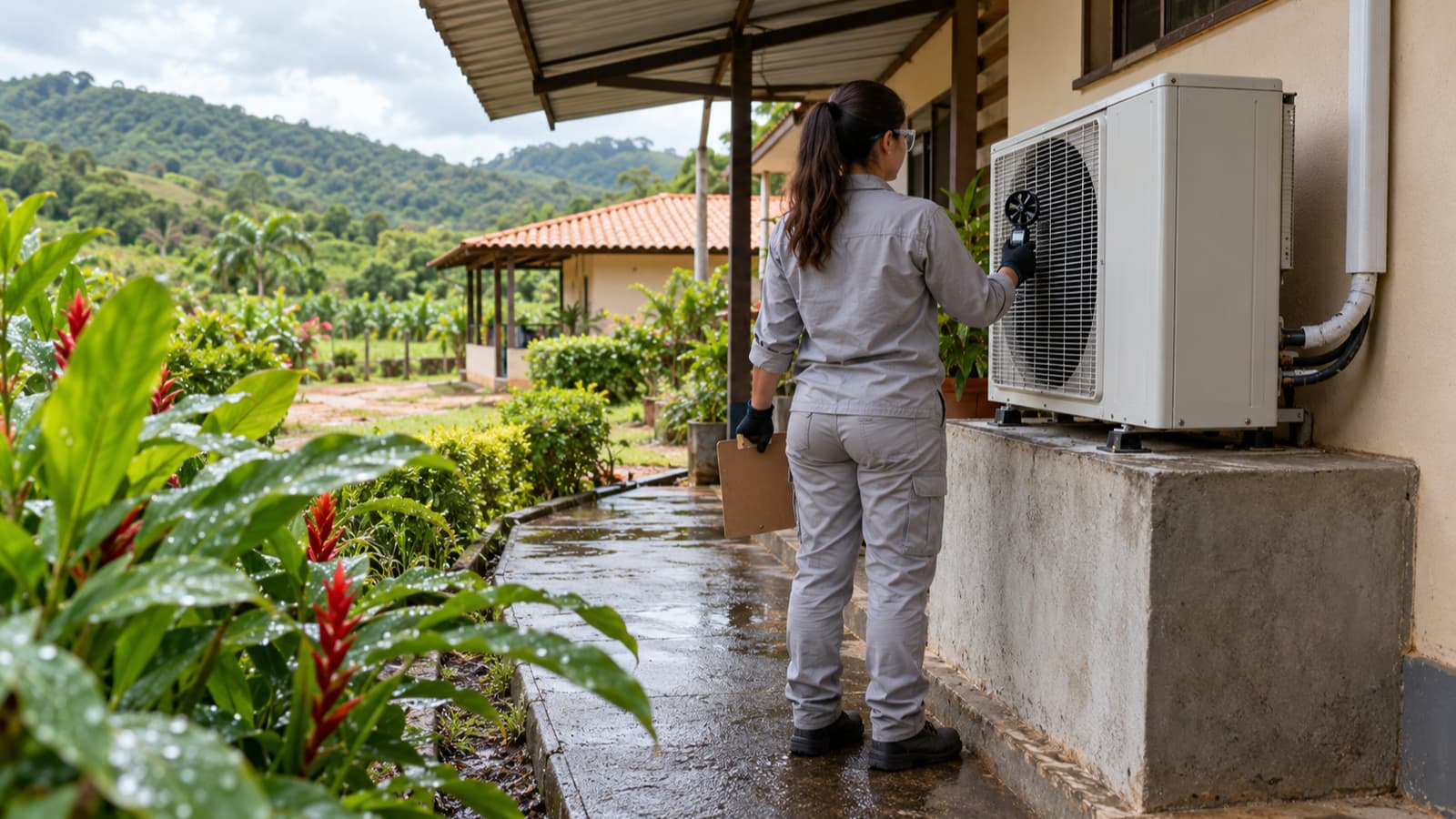 Profissional verifica condensadora em instalação cercada de vegetação representativa de Fundão