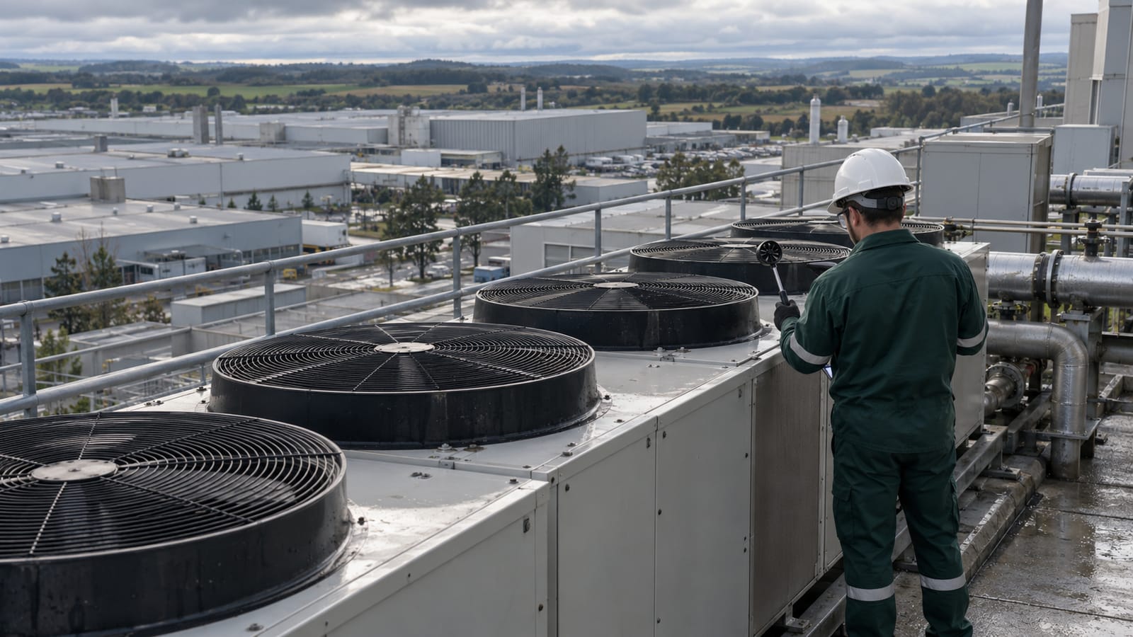 Técnico avalia chillers em cobertura de instalação industrial em Gravataí