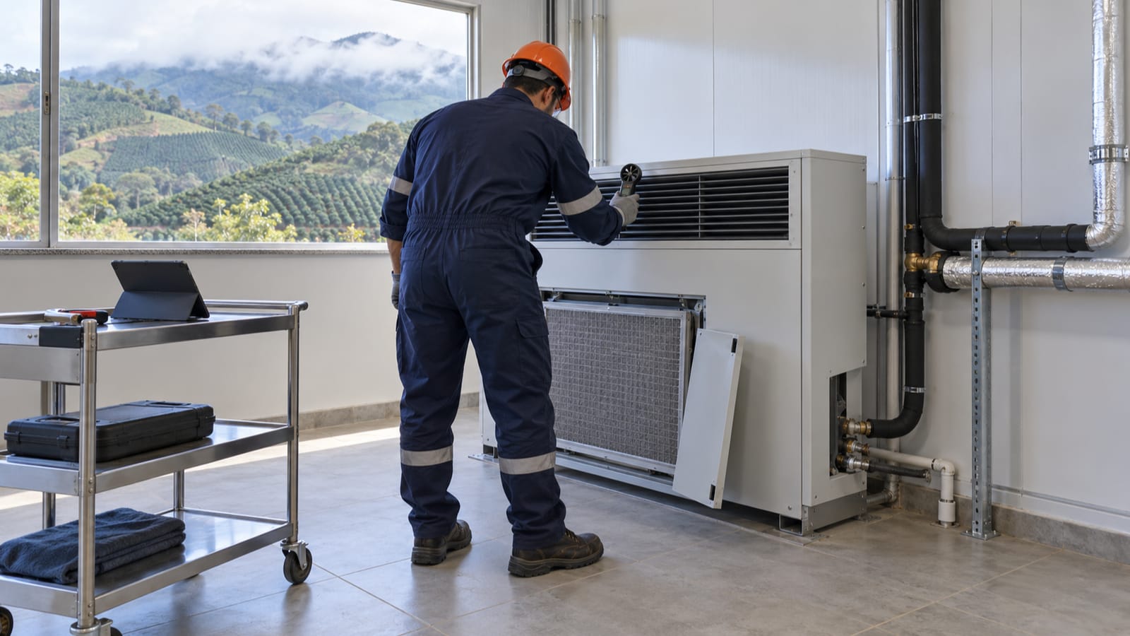 Profissional avalia unidade de climatização em ambiente próximo a cafezais representativo de Ibatiba