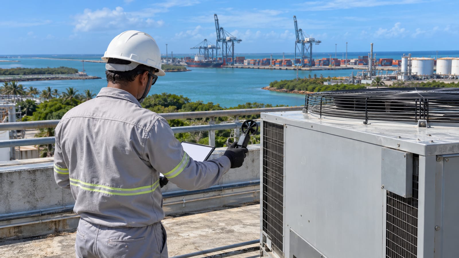 Técnico inspeciona uma condensadora em cobertura com vista do porto em Ipojuca