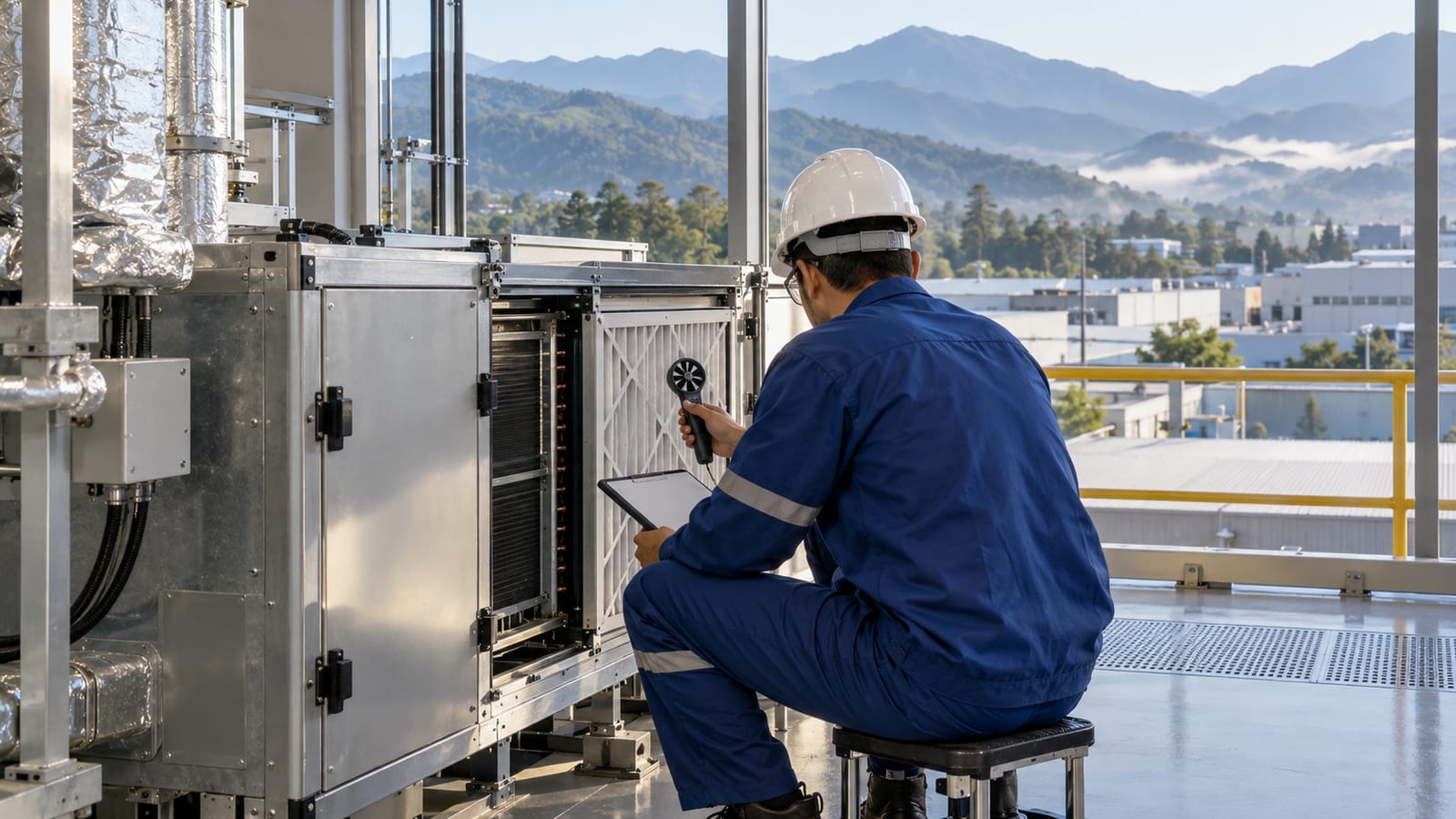 Técnico inspeciona filtros de climatização em laboratório com vista das montanhas de Itajubá