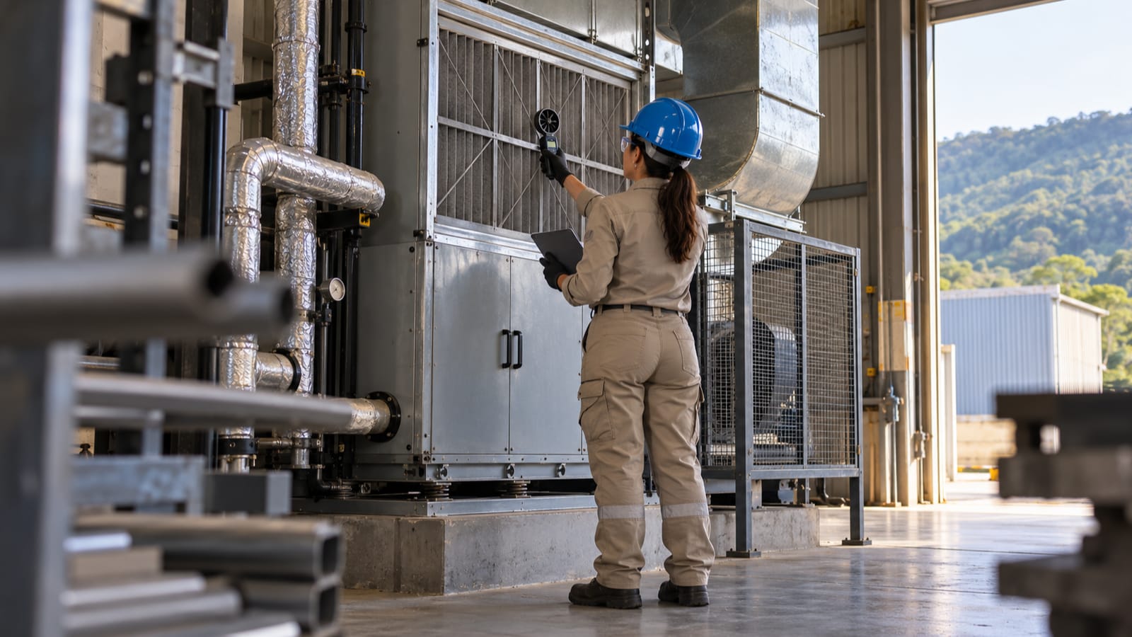 Profissional inspeciona climatização em instalação industrial representativa de João Neiva