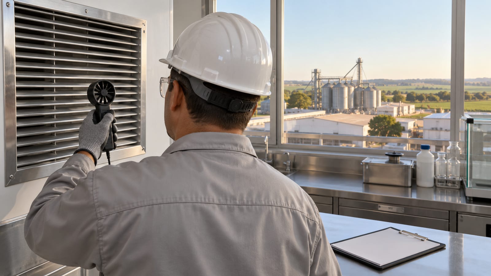 Engenheiro mede o fluxo de ar de uma grelha em laboratório com vista de silos em Lins