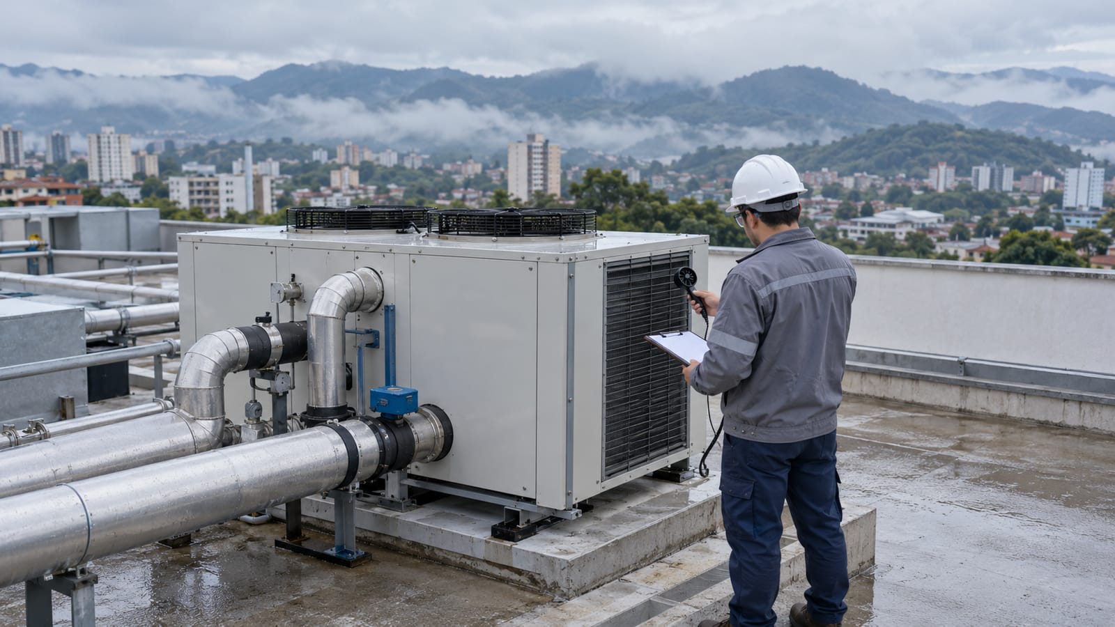 Profissional avalia unidade de climatização em cobertura com vista das montanhas de Mogi das Cruzes