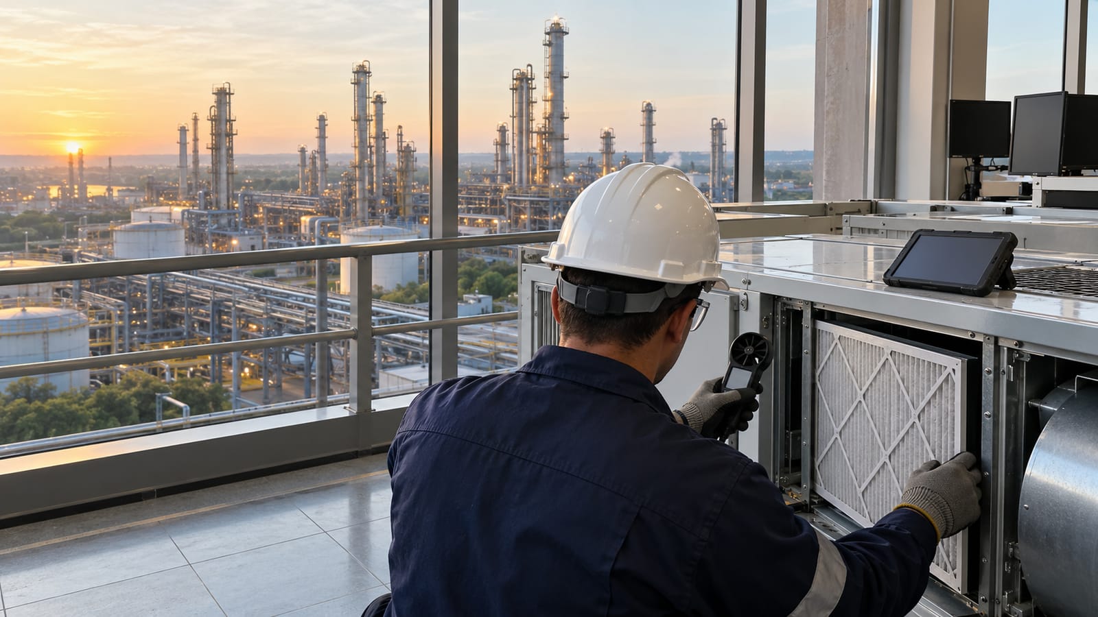 Profissional examina filtros de climatização com vista do polo industrial de Paulínia