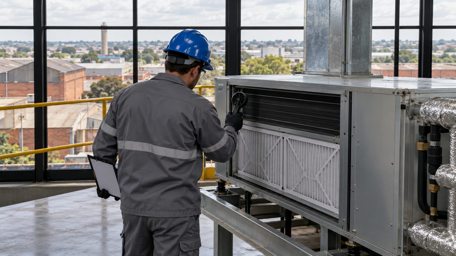 Profissional verifica filtros em sala técnica com vista de galpões de Santa Bárbara d'Oeste