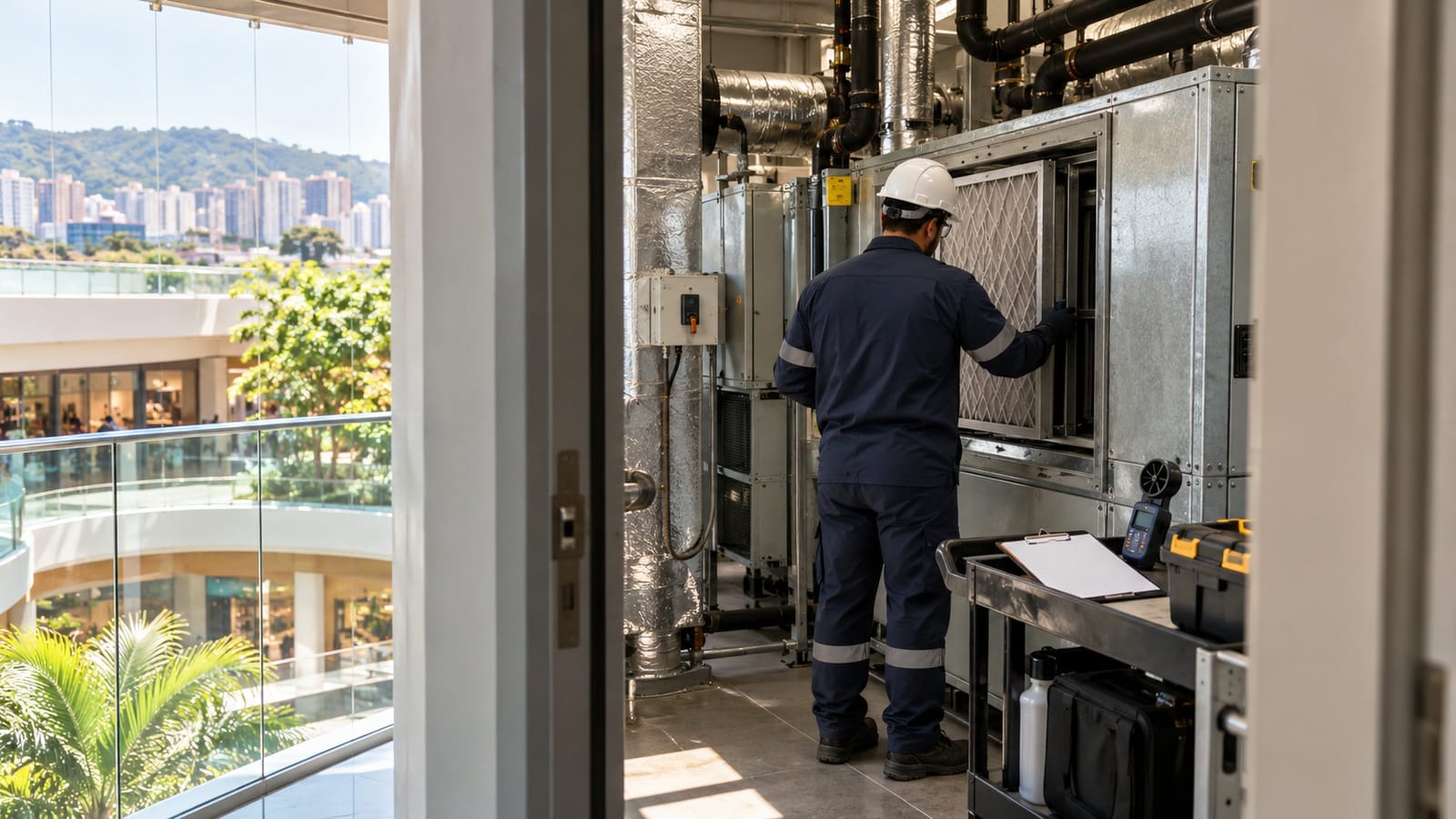 Profissional examina filtros em sala de máquinas de edifício comercial em Santo André
