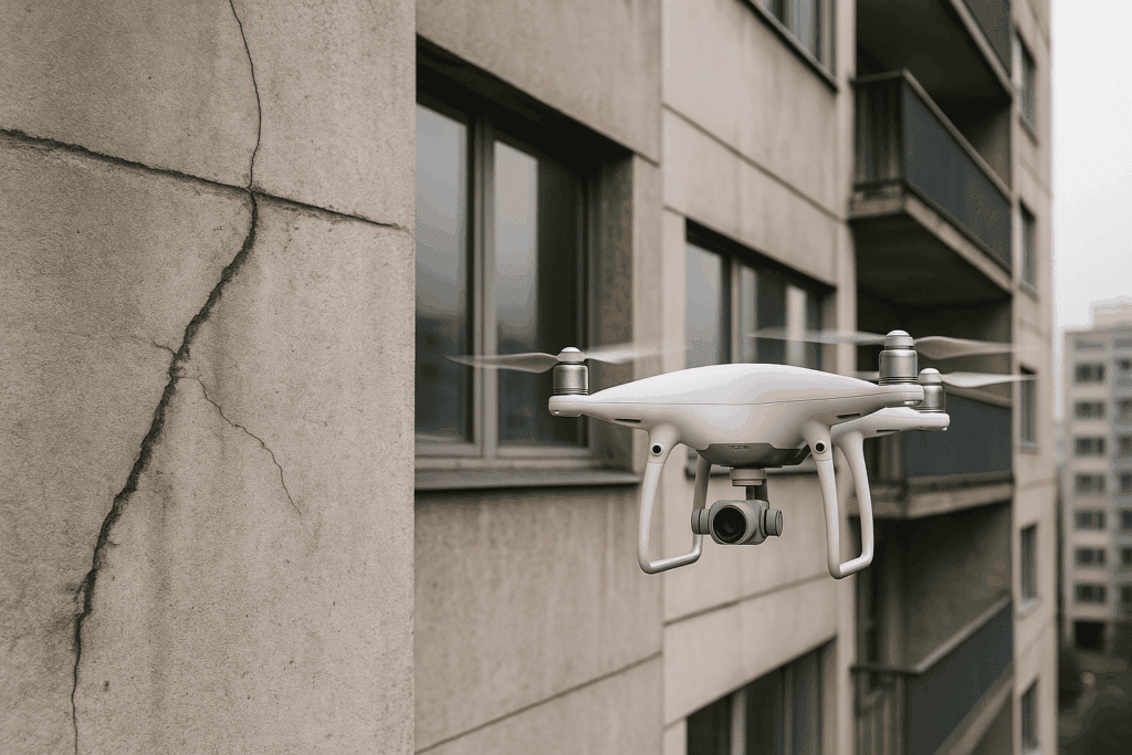 Vistoria de fachada industrial com drone 4K