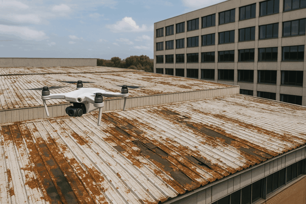 Inspeção de telhado industrial com drone — mapeamento de anomalias