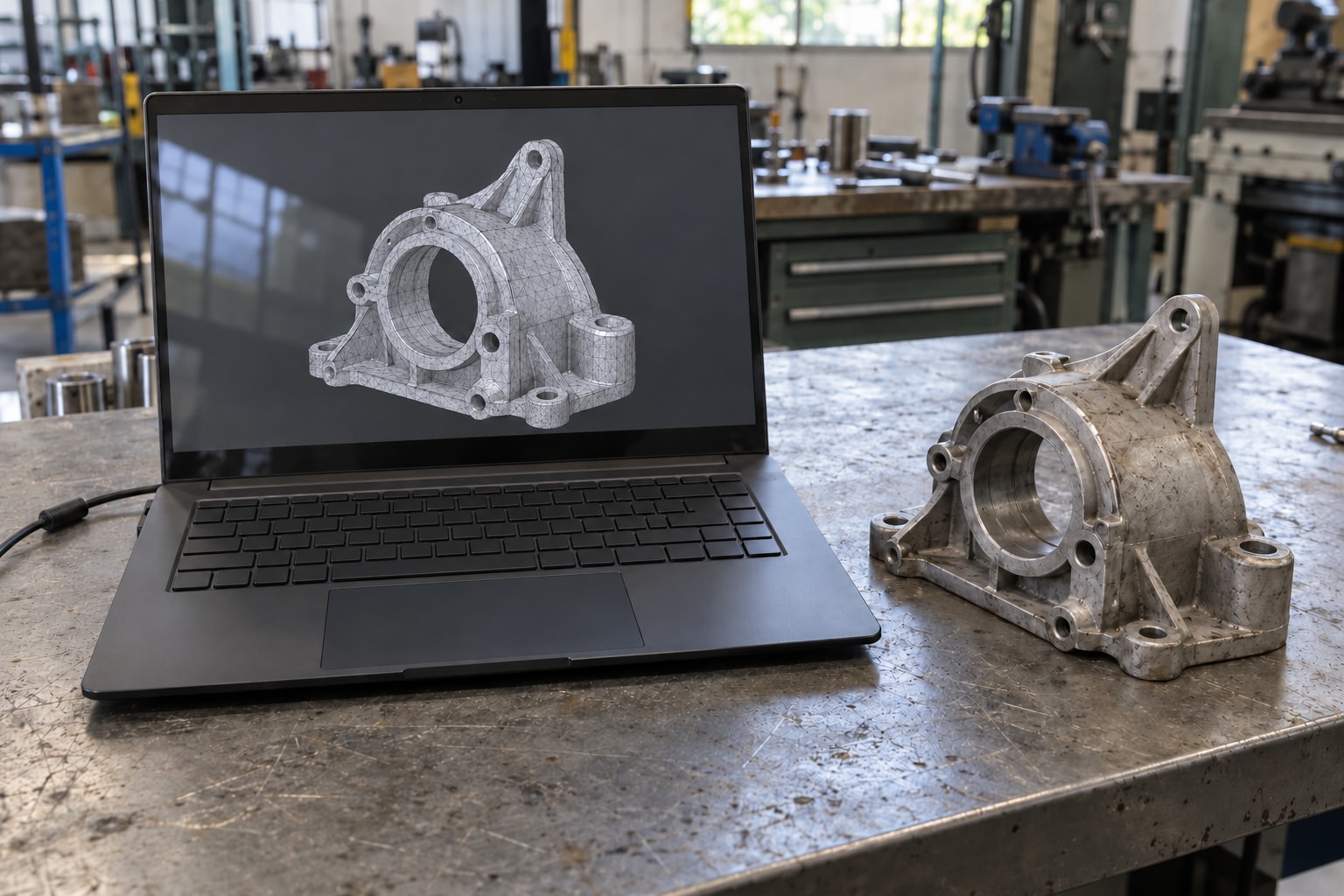 Notebook exibe malha digital de carcaça metálica para engenharia reversa de peça fora de linha