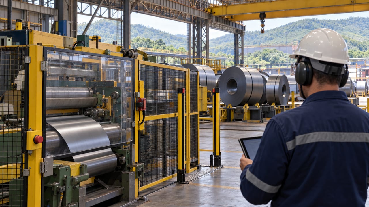 Engenheiro avalia proteções NR-12 de máquina de processamento de aço em galpão industrial de Ipatinga (MG), com bobinas e morros do Vale do Aço ao fundo